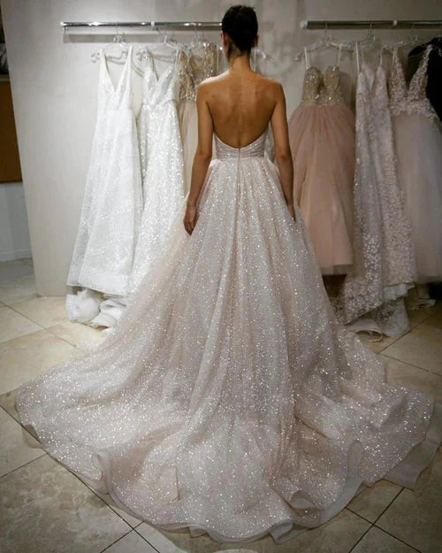 Glitter Wedding Dress Strapless A Line Beach Bridal Gown - MyChicDress