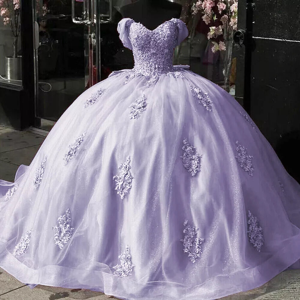 Vestido de baile com glitter vintage rosa vestidos quinceanera renda fora do ombro com laço