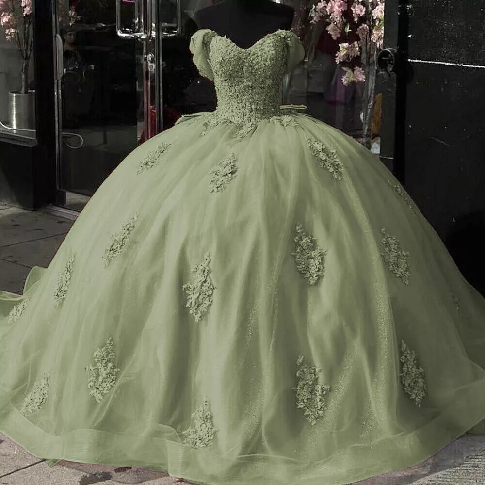 Vestido de baile com glitter vintage rosa vestidos quinceanera renda fora do ombro com laço