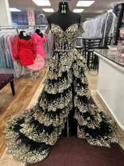 Gold Black Muti Layered Sequin Prom Dresses Off the Shoulder Ruffles