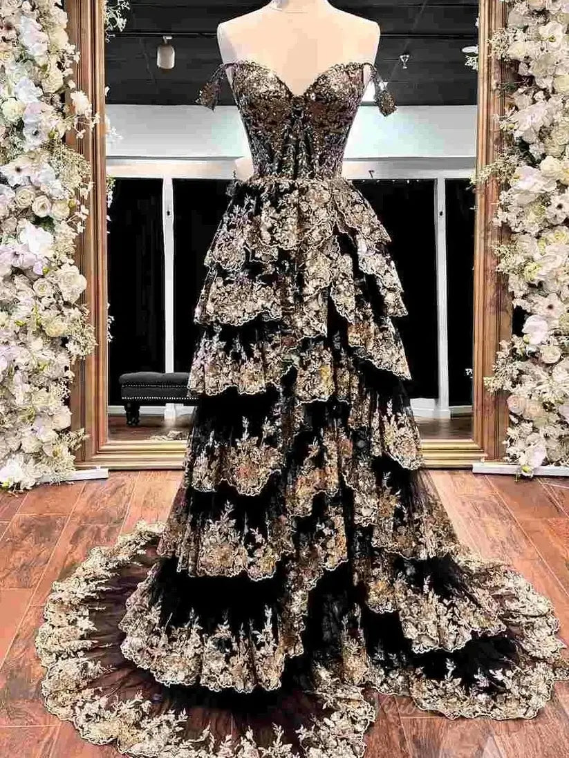 Black and gold floral evening gown