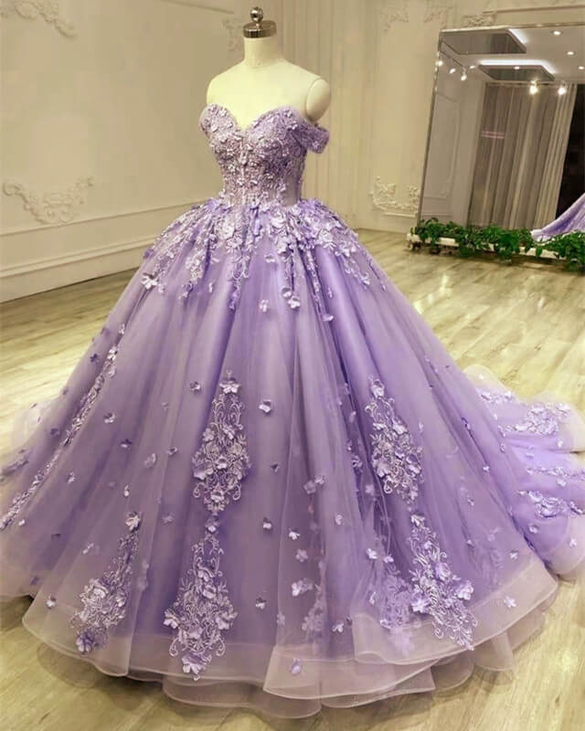 Purple Quinceanera Dress 3D Lace Appliques Ball Gown Dress