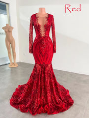 Lindo sereia azul royal vestidos de baile 2024 manga comprida lantejoulas vestidos de gala formais