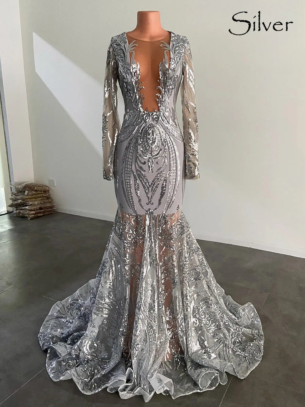 Lindo sereia azul royal vestidos de baile 2024 manga comprida lantejoulas vestidos de gala formais