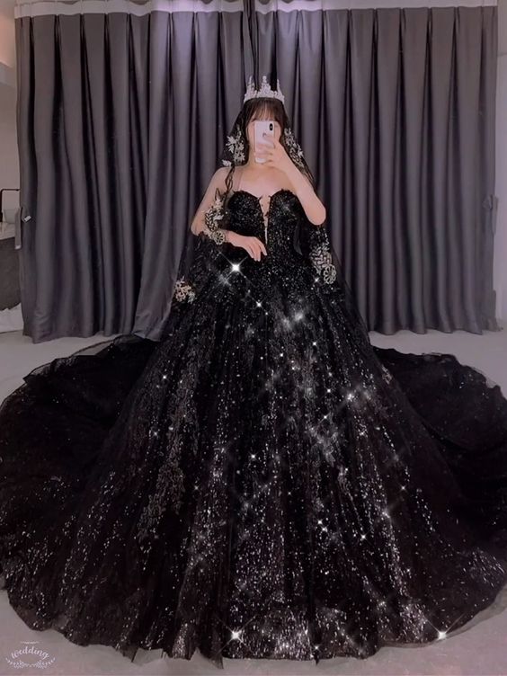 Gothic Black Sequin Wedding Dresses 2025 Sweetheart Ball Gowns - MyChicDress