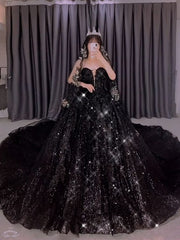 Gothic Black Sequin Wedding Dress 2025 Sweetheart Ball Gowns