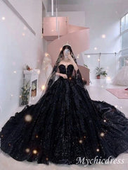 Gothic Black Sequin Wedding Dresses 2025 Sweetheart Ball Gowns