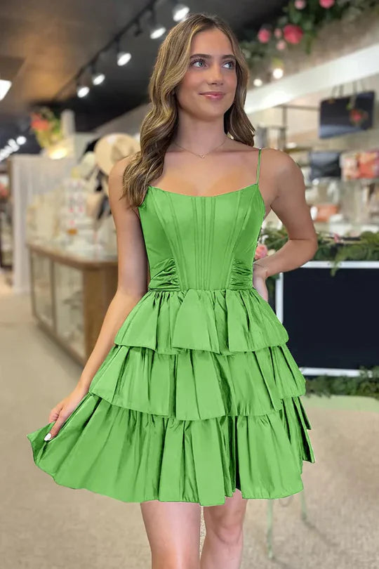 green Sleeveless A-Line Tiered Satin Homecoming Dress with Ruffles