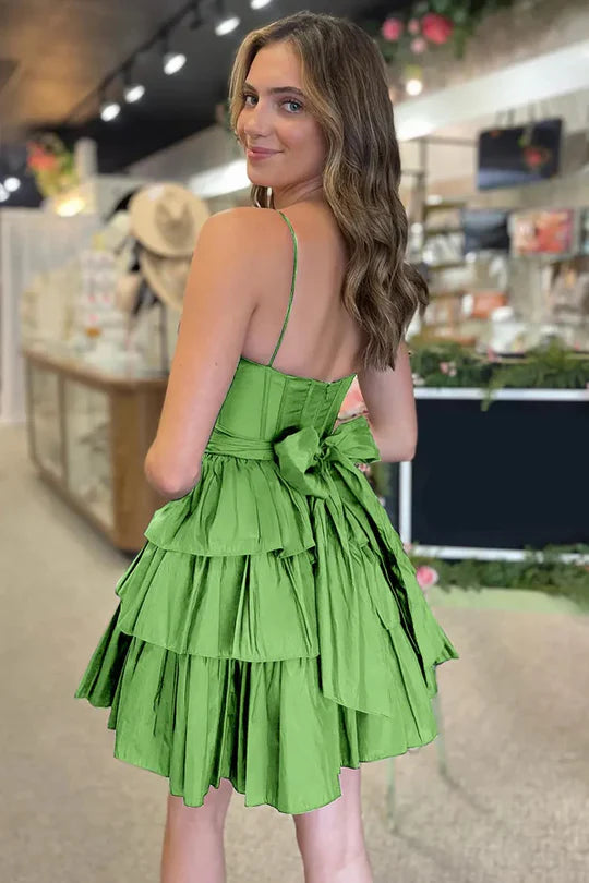 green Sleeveless A-Line Tiered Satin Homecoming Dress with Ruffles