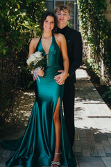 Halter UK Evening Dress Green Ruched Mermaid with Slit