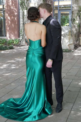 Halter UK Evening Dress Green Ruched Mermaid with Slit