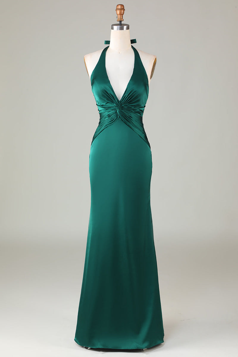 Halter Emerald Green Wedding Guest Dresses Ruched Mermaid Formal Dress - MyChicDress