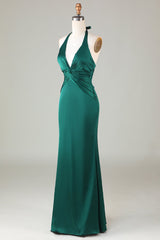 Halter Emerald Green Wedding Guest Dresses Ruched Mermaid Formal Dress