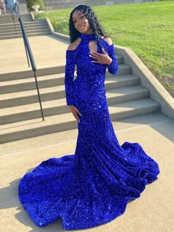 2025 Halter Royal Blue Long Prom Dresses Sequin Mermaid Evening Gown - MyChicDress