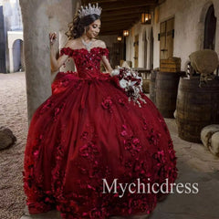 Burgundy Quince Dress Flowers Ball Gown Sweetheart Off the Shoulder - MyChicDress