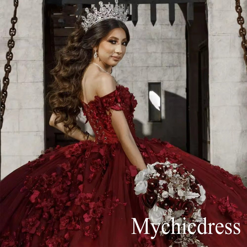 Burgundy Quince Dress Flowers Ball Gown Sweetheart Off the Shoulder - MyChicDress