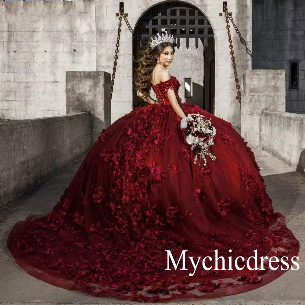 Burgundy Quince Dress Flowers Ball Gown Sweetheart Off the Shoulder - MyChicDress