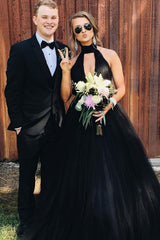 High Neck Gothic Wedding Dress Tulle Ball Gown Black Long Prom Dresses MyChicDress