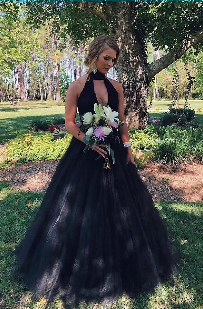 High Neck Gothic Wedding Dress Tulle Ball Gown Black Long Prom Dresses MyChicDress