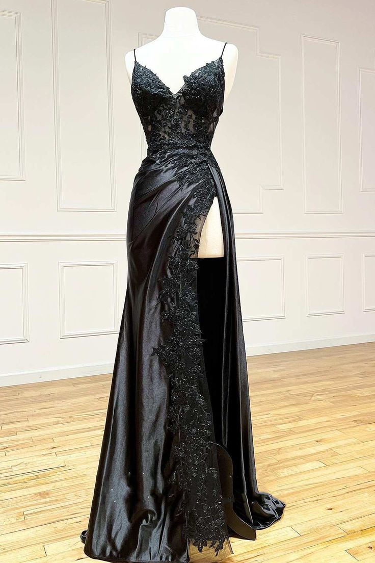 Hot Black Long Prom Dress Lace V Neck Formal Dresses A Line High split MyChicDress