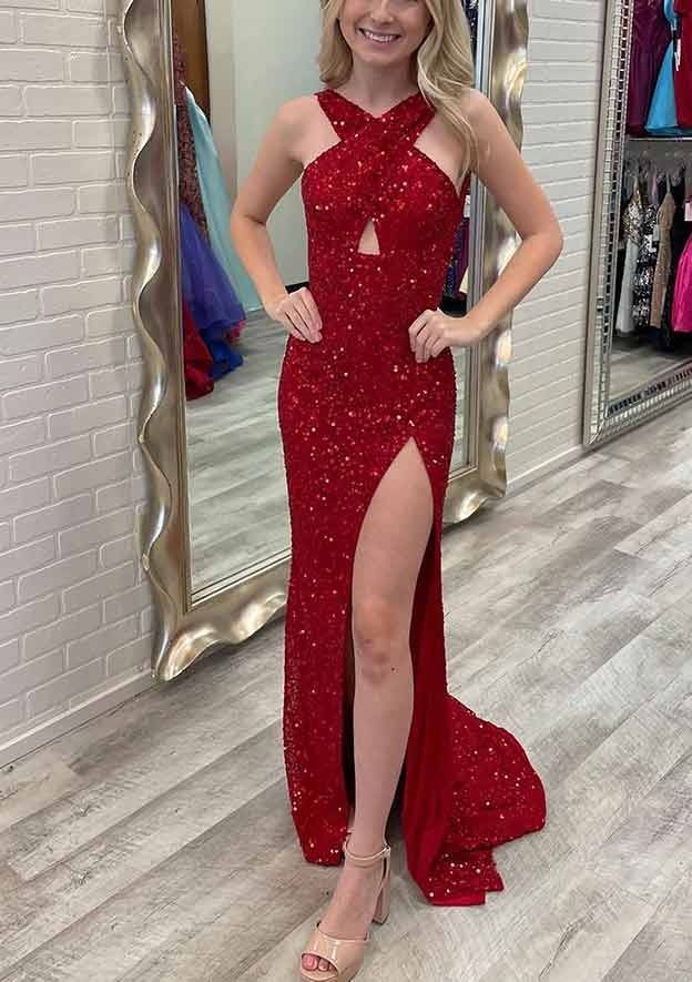 Hot red Sequin Prom Dress Fitted Sleeveless Formal Dress with Slit MyChicDress