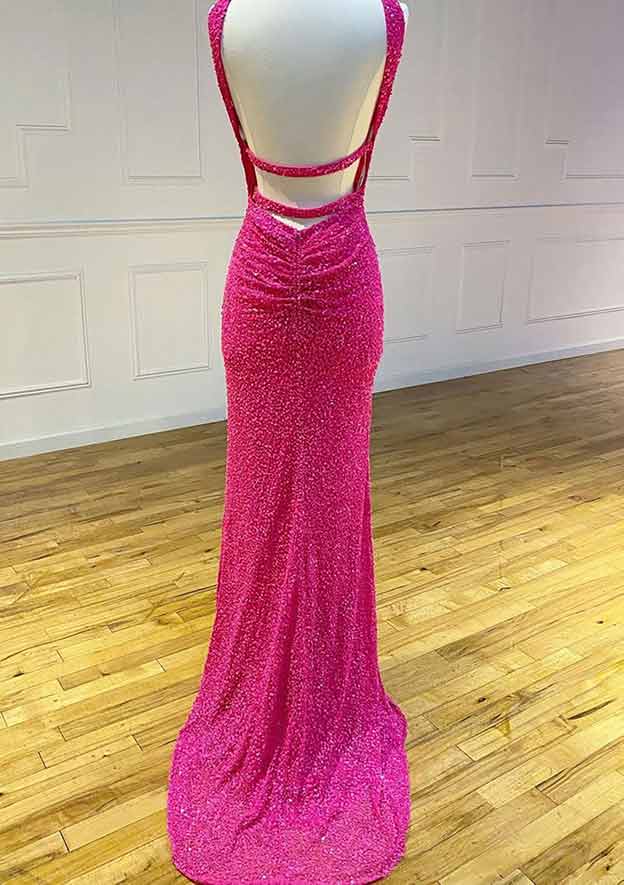 Hot 2024 Black Sequin Prom Dress Fitted Sleeveless Formal Dress with Slit MyChicDress