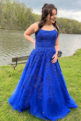 Hot 2024 Royal Blue Lace Applique Prom Dresses A Line Long UK Evening Gown MyChicDress