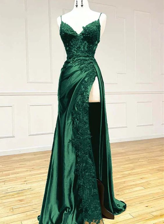 Hot green Long Prom Dress Lace V Neck Formal Dresses A Line High split - MyChicDress