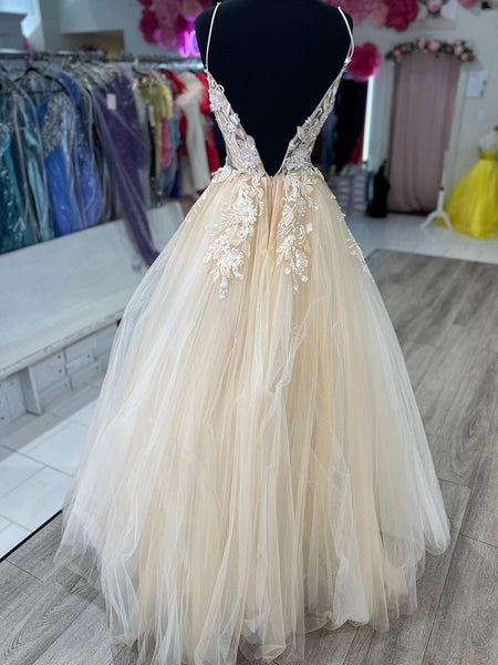 Hot A Line Tulle Lace V Neck Champagne Formal Prom Dresses Online MyChicDress