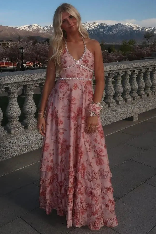 Hot Pink Floral Halter Long Prom Dress with Ruffles Beads