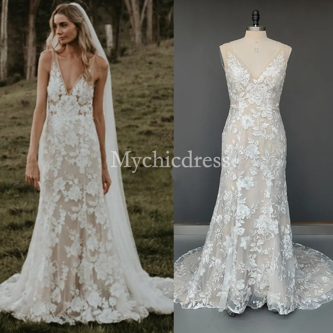 Hot Lace Beach Lace Wedding Dresses Mermaid V Neck Sleeveless MyChicDress