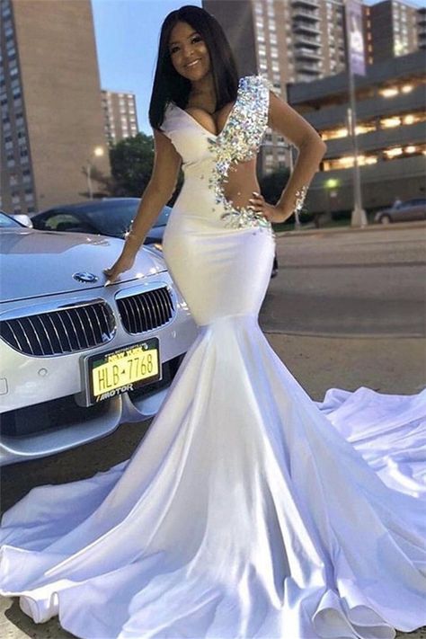 Hot Mermaid Rhinestones Satin 2024 Prom Dress V-neck Sweep Train MyChicDress