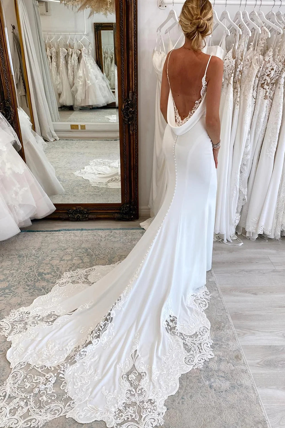 Hot White Satin Lace Wedding Dresses V Neck Mermaid Dress MyChicDress