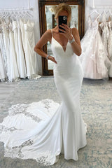 Hot White Satin Lace Wedding Dresses V Neck Mermaid Dress MyChicDress