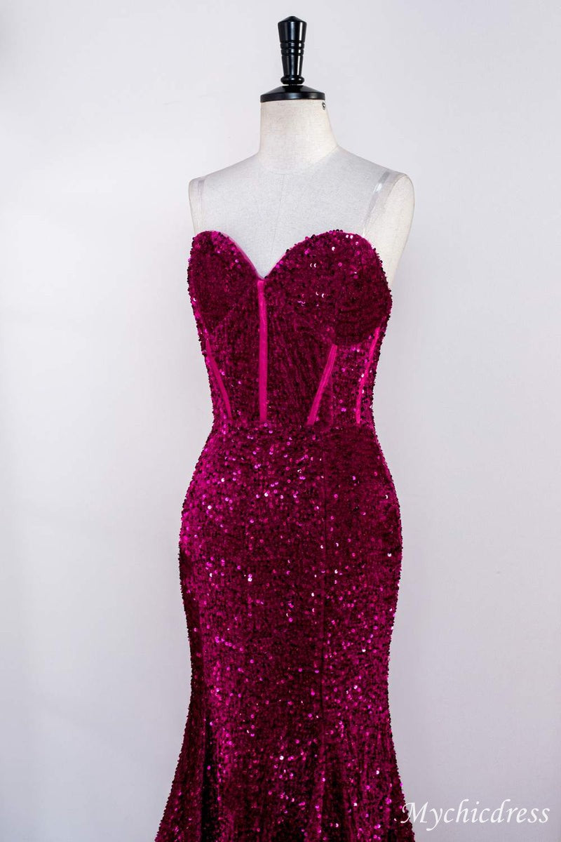 Hot Fuchsia Sequin Mermaid Prom Evening Dresses Magenta Sweetheart - MyChicDress