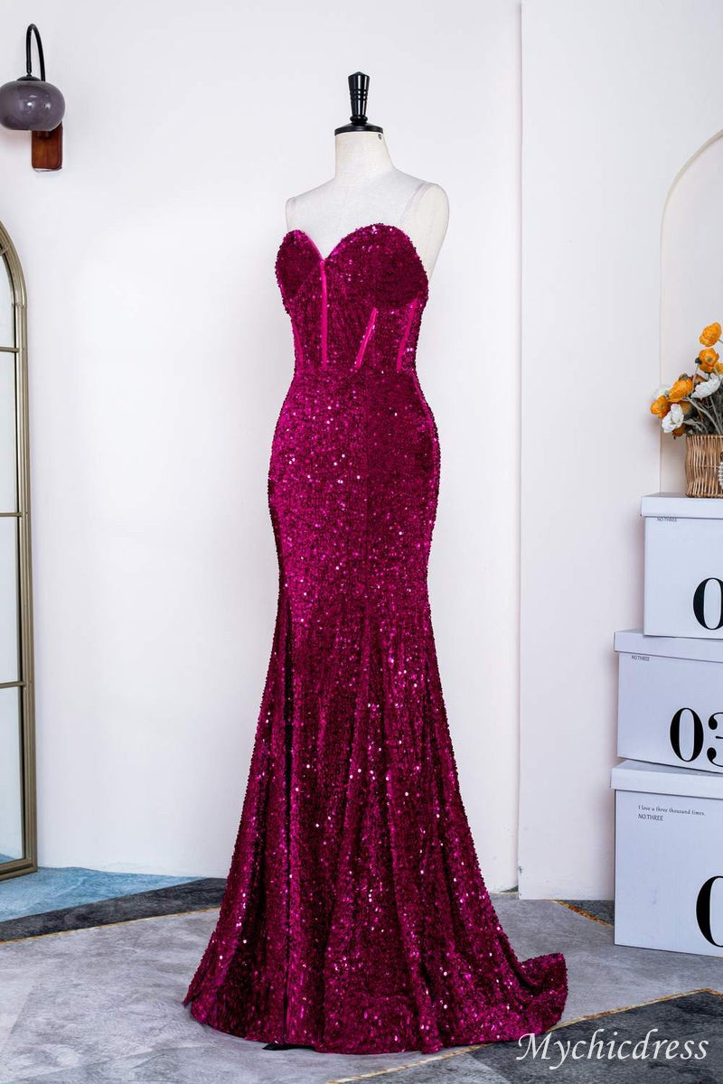 Hot Fuchsia Sequin Mermaid Prom Evening Dresses Magenta Sweetheart - MyChicDress