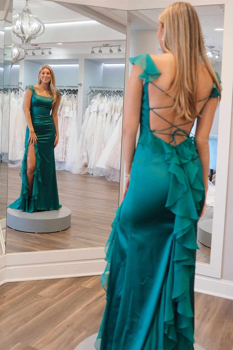 Hot Emerald Green Mermaid Wedding Guest Dresses with Split - MyChicDress