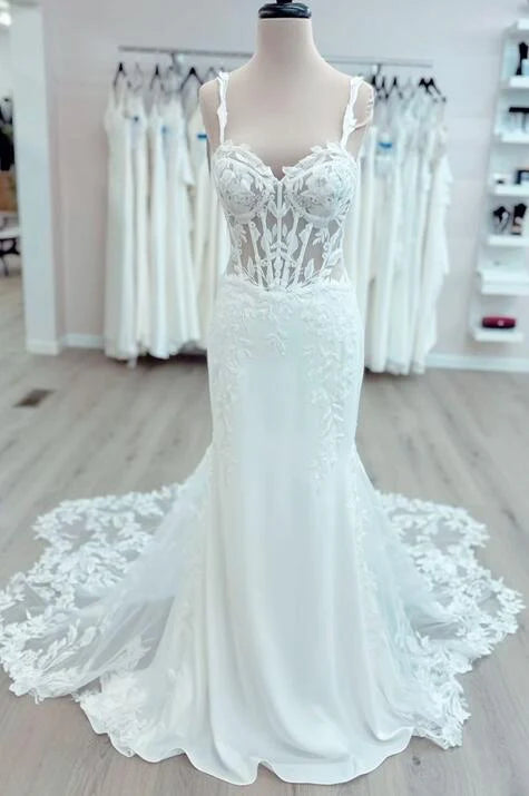 Hot Lace Mermaid Beach Wedding Dresses Long Train Straps