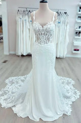 Hot Lace Mermaid Beach Wedding Dresses Long Train Straps