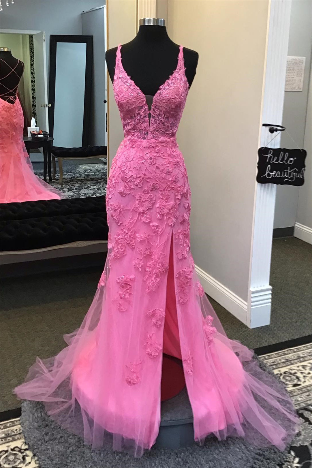 Hot Lace Mermaid Prom Dress Plunge Neck Pink Appliques Mychicdress