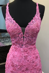 Hot Lace Mermaid Prom Dress Pink Appliques 