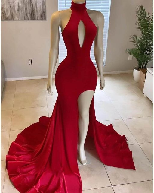 Hot Long 2024 Red Prom Dress High Neck Satin Mermaid Evening Dress UK Split - MyChicDress