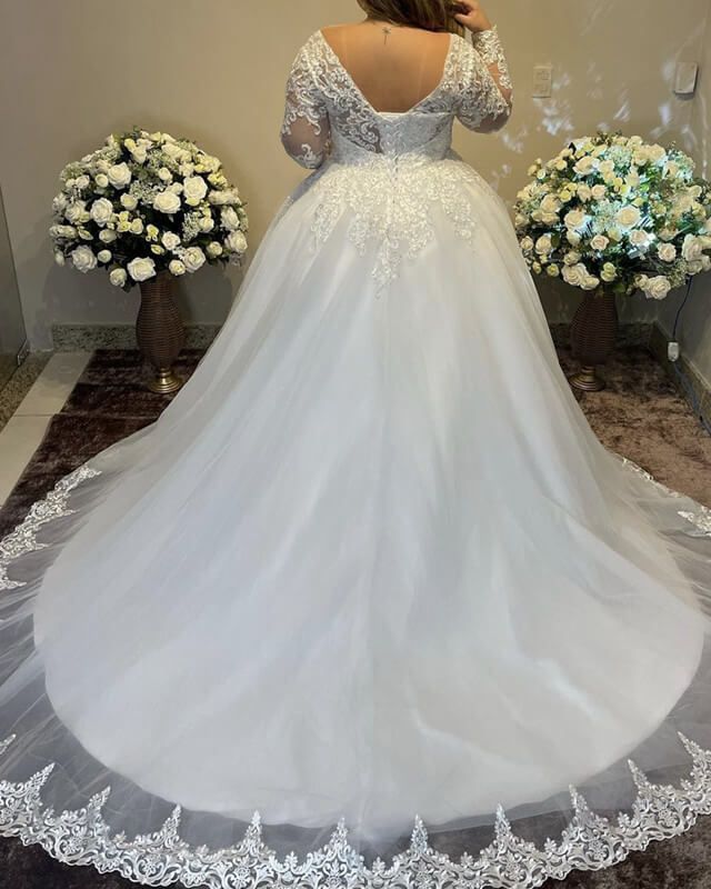 Hot Long Sleeves Plus Size Wedding Dresses Tulle Lace Off the Shoulder - MyChicDress