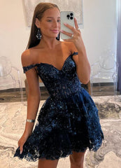 Hot Navy Blue Tulle Sequin Prom Dress Short Sheer Corset Bodice