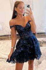 Hot Navy Blue Tulle Sequin Prom Dress Short Sheer Corset Bodice