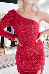 Hot Pink Homecoming Dress 2024 Sequin One Shoulder Hoco Dress with Sleeves