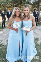 Hot Satin Beach Bridesmaid Dress Light Blue Strapless with Bow back