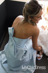 Hot Satin Beach Bridesmaid Dress Light Blue Strapless with Bow back