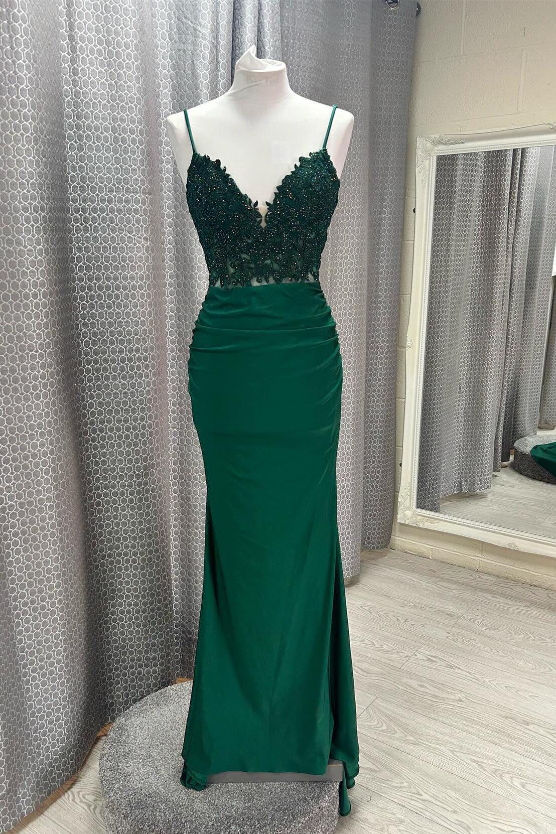 Hot V Neck Dark Green Prom Dresses Mermaid Straps Appliques - MyChicDress