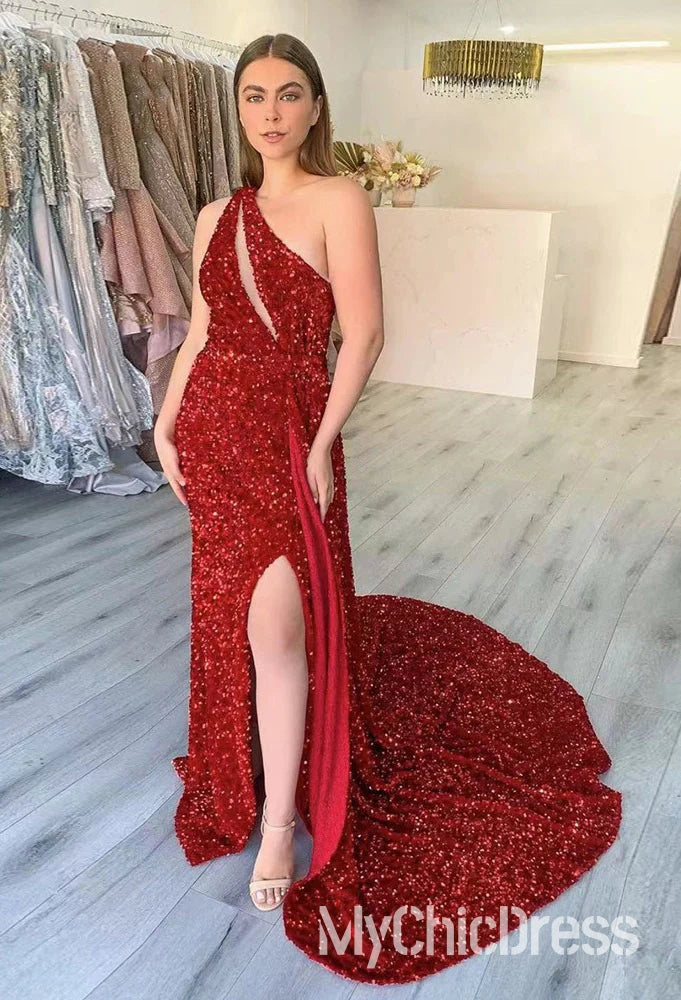 Hot Mermaid One Shoulder Red Prom Dresses Sequin Train
